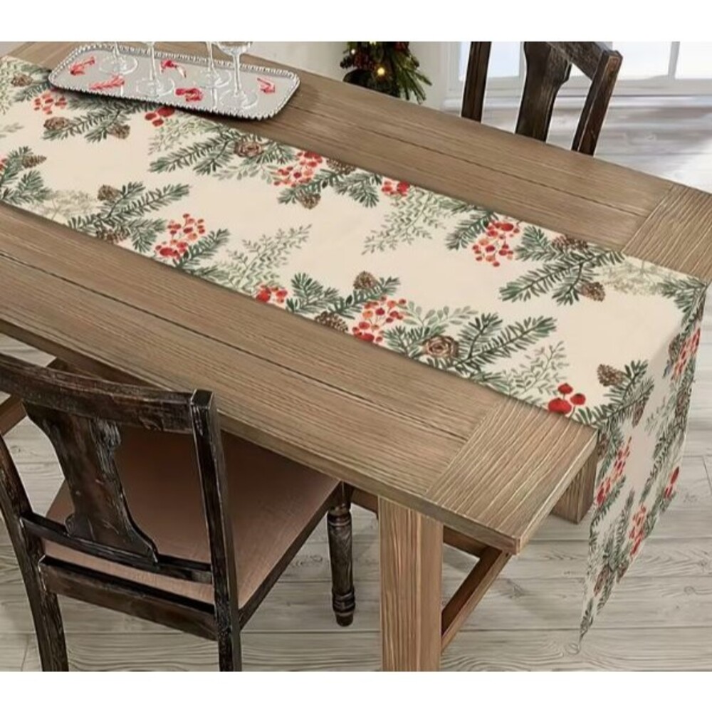 Table runner 13x72in Woven Polyester Berries Pinecones Greenery - Picture 2 of 2